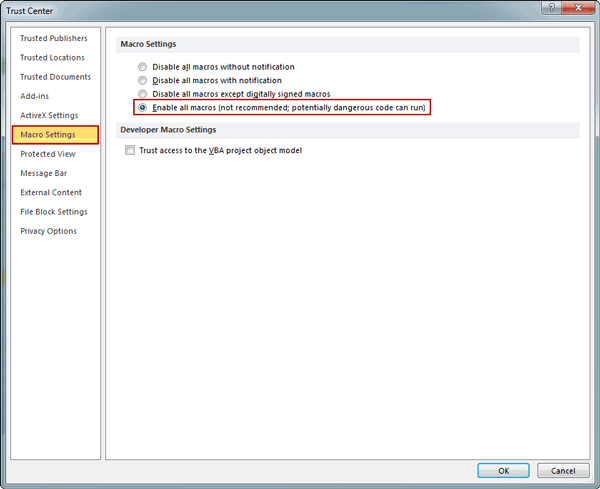 how to disable macros in excel 2010