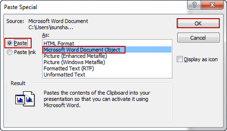 settings for importing a section of word document into presentation