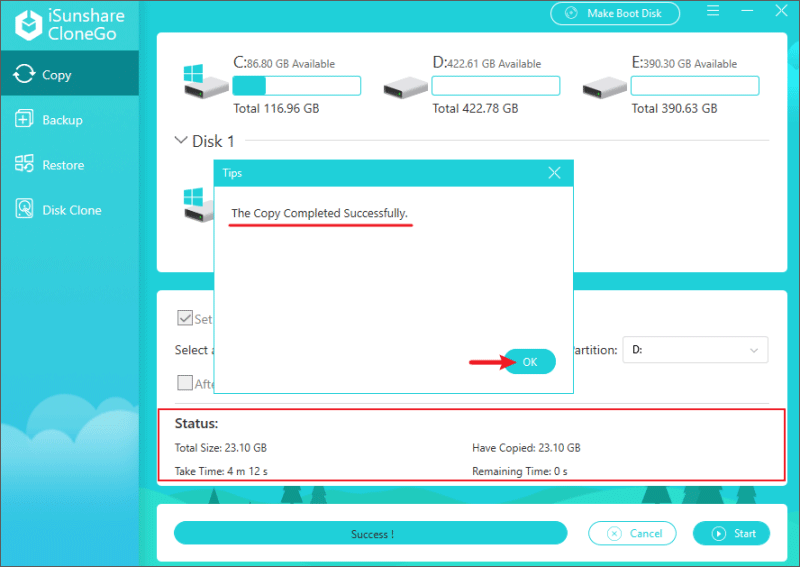 copy partition to another drive successfully