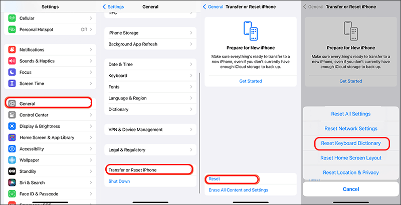 reset keyboard dictionary to default in iPhone