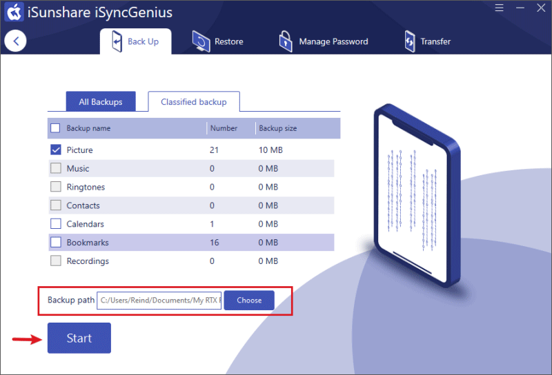 start to backup iphone