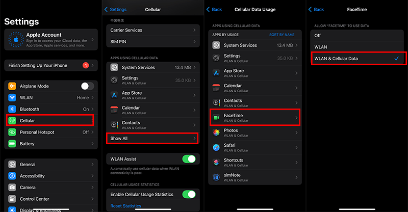 add FaceTime to Cellular data usage