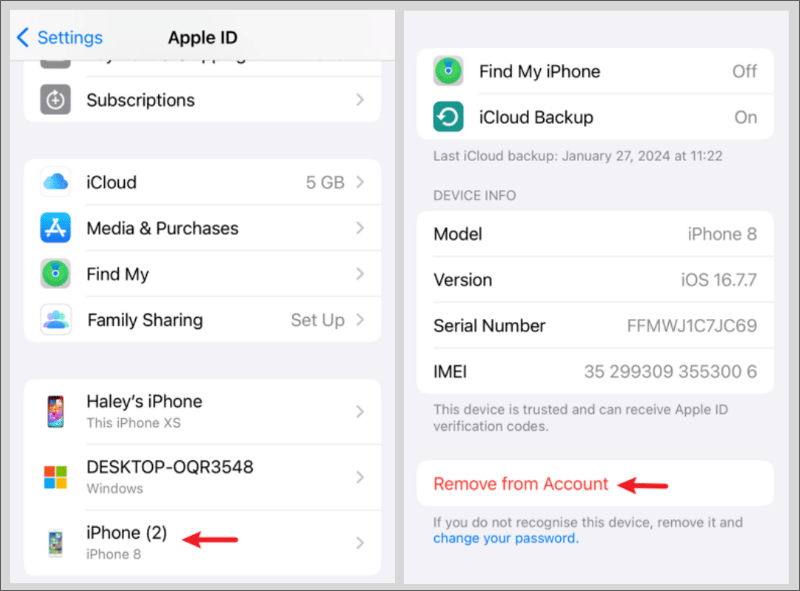remove iphone from apple id on settings