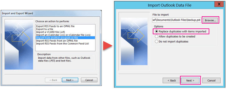 import previous pst file