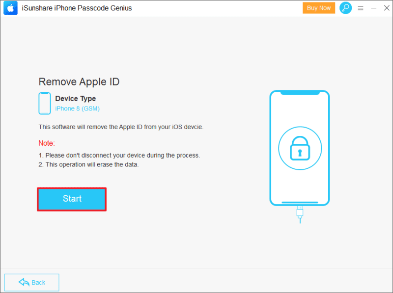 Click start to remove Apple Id