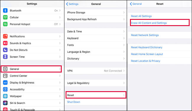 erase all content and settings