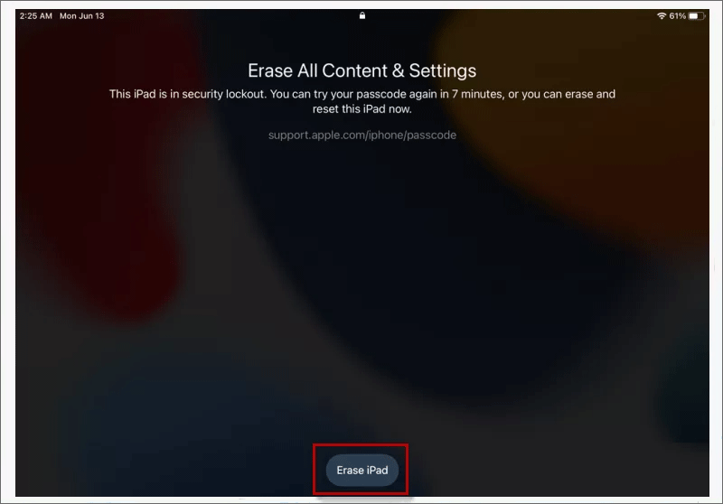 erase ipad on lock screen