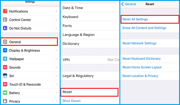 reset all setting on your device