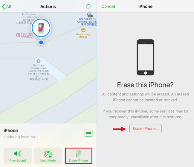 erase iphone via find my app