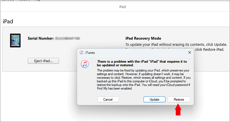 click Restore on iTunes prompt