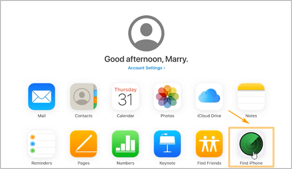 click on find iphone to go on