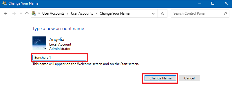 how to change microsoft account name on windows 10 display