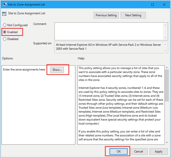 internet explorer group policy site to zone assignment list