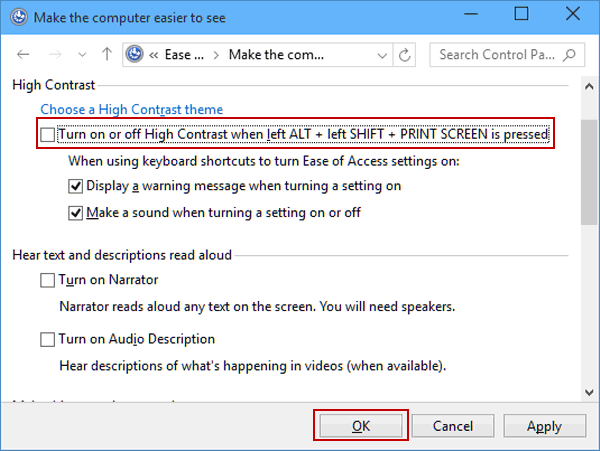 Disable Contrast Keyboard Shortcut in Windows 10