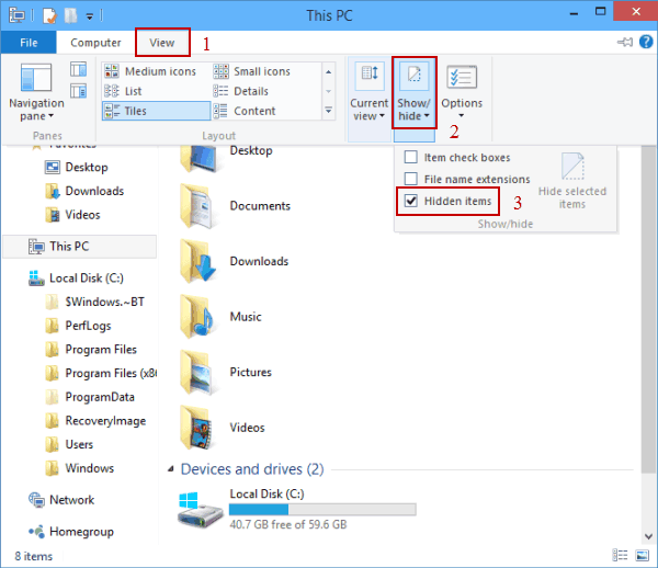 allow view hidden files windows 10
