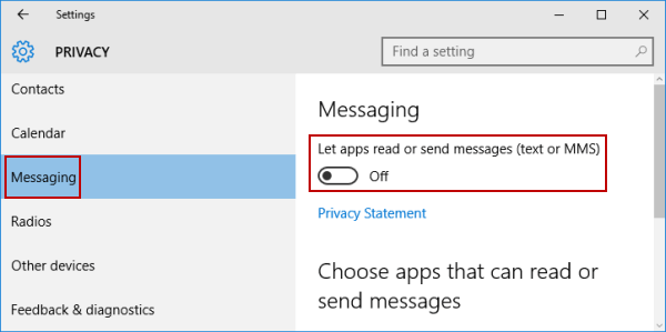 Turn off or on Messaging in Windows 10