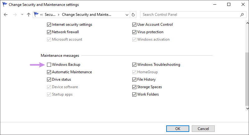 uncheck windows backup option