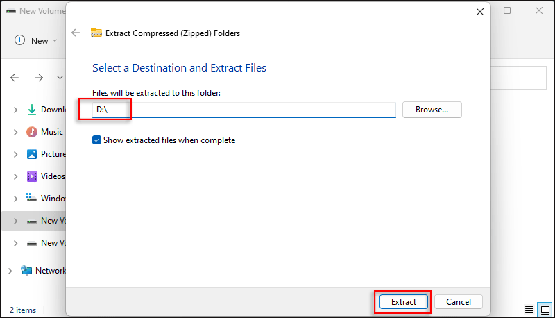 set a destination and extract file