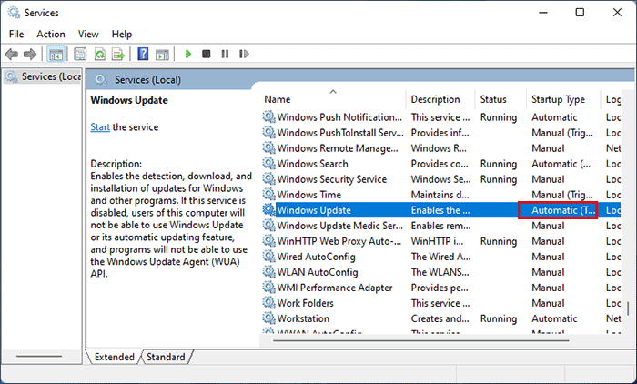 the Startup Type of Windows Update successfully change to Automatic.