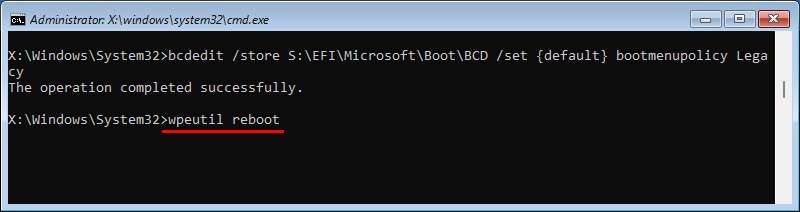 enter wpeutil reboot command