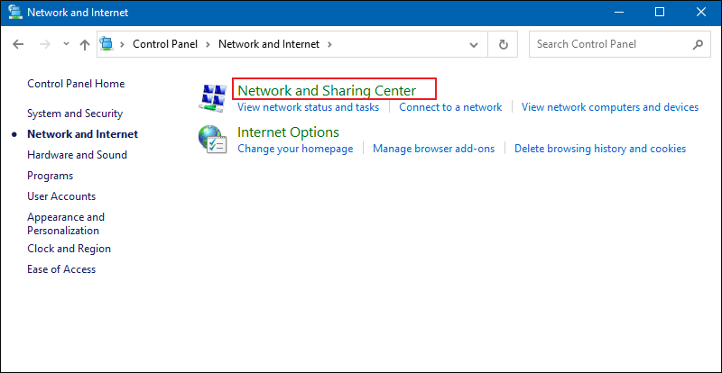 click network and sharing center