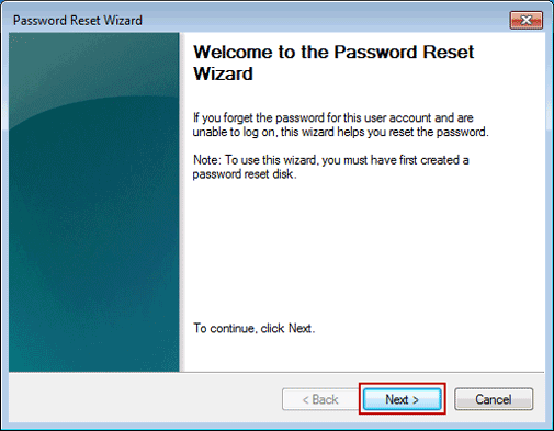 open windows 7 password reset wizard with reset disk