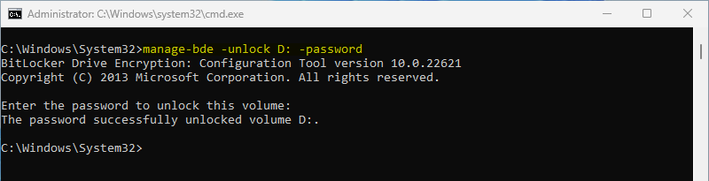 manage-bde -unlock X: -password