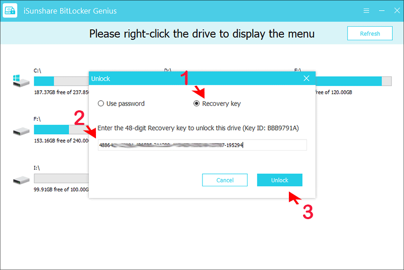 use recovery key to unlock drive