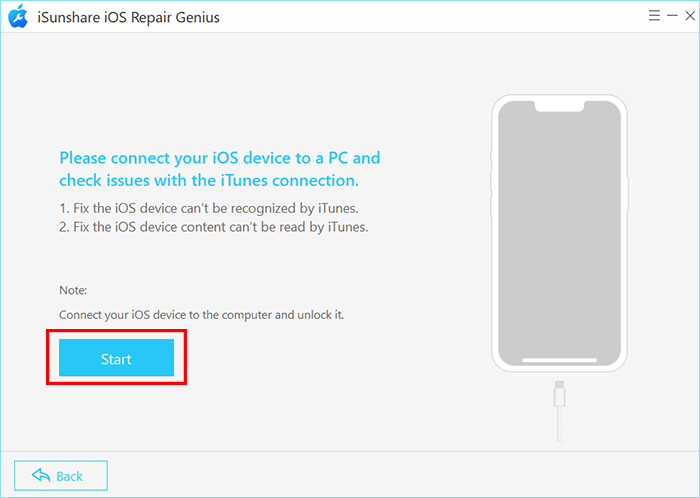 click Start to fix iTunes connection issue